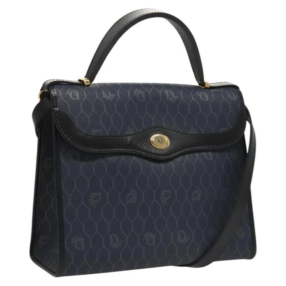 Christian Dior Honeycomb Canvas Hand Bag PVC Leather 2way Gold Navy Auth BA1515